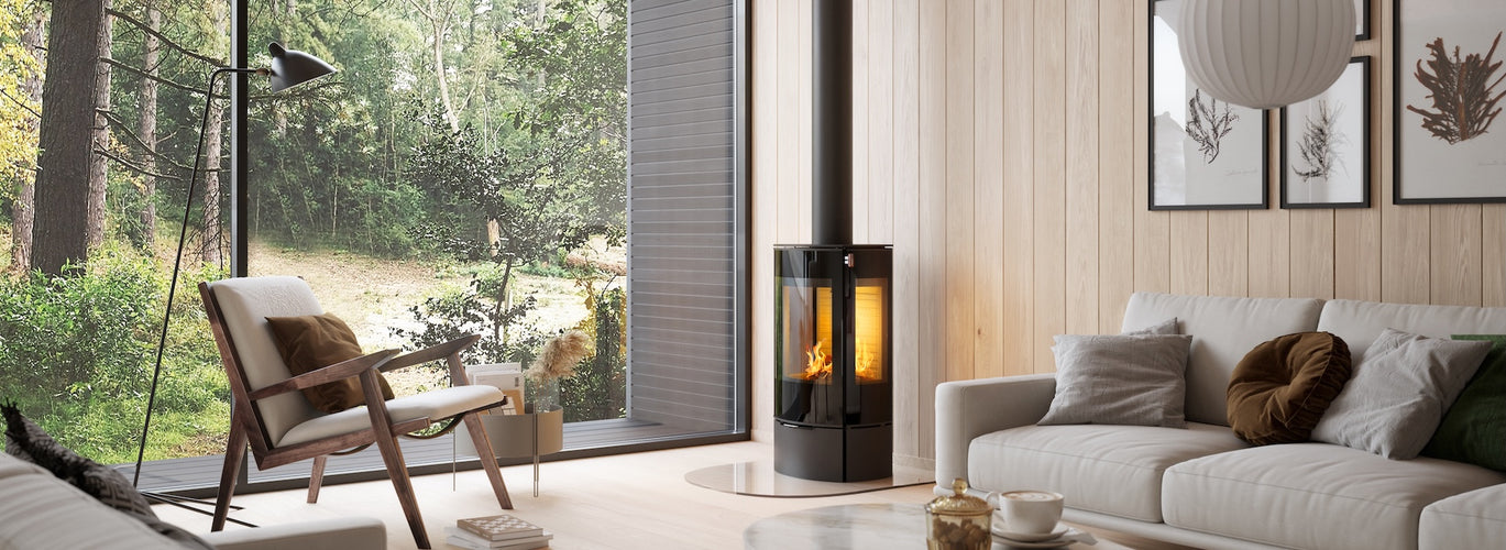 Eco design efficient clean burning modern traditional woodburning stove. Clear glass wood burner multi fuel stove